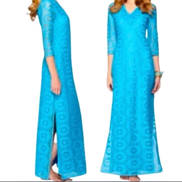 Lilly Pulitzer Sharrie Caftan Maxi Dress Ariel Blue King Street Lace Small - Picture 6 of 14